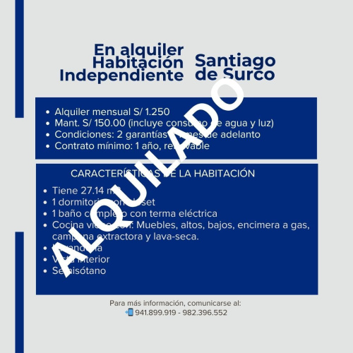 Habitación Independiente en alquiler - Santiago de Surco (HI - 001)